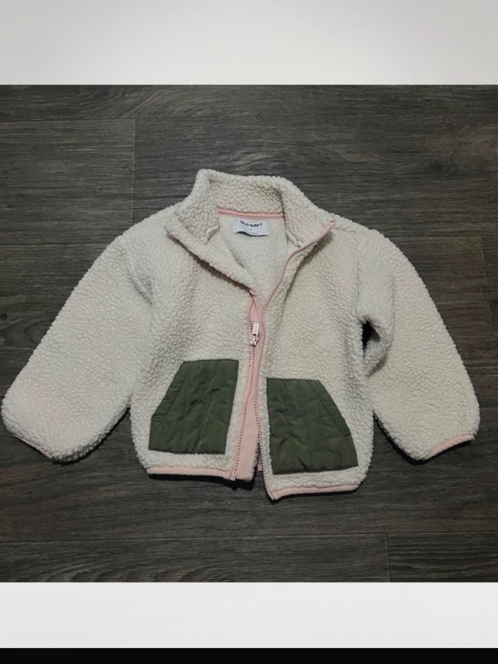 Old Navy Cream Sherpa Jacket with Pink Trim and Olive Pockets